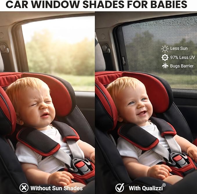 M/Car Window Sun Shades for Baby (9 Sizes) - Back Seat Stretchy Mesh Sock Style Heat Blockers for Side Windows, Protects from Sun, Bugs, UV & Ensures Privacy, 2-Pack by Qualizzi