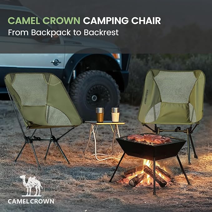 CAMEL CROWN Portable Camping Chair Lightweight Compact Folding Chair Mesh for Outdoor Camp Travel Beach Picnic Festival Hiking Backpacking Army Green