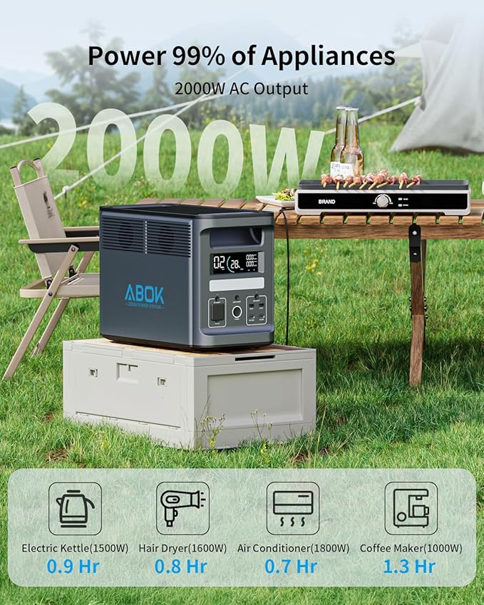 1536Wh ABOK Ark2000 Portable Power Station LiFePO4 Battery, Expandable to 4.6kWh, 1.3 Hrs 0-100% Hypercharging, UPS, App, 2000W AC Solar Generator for Camping, Emergency, RV, Off-Grid Living