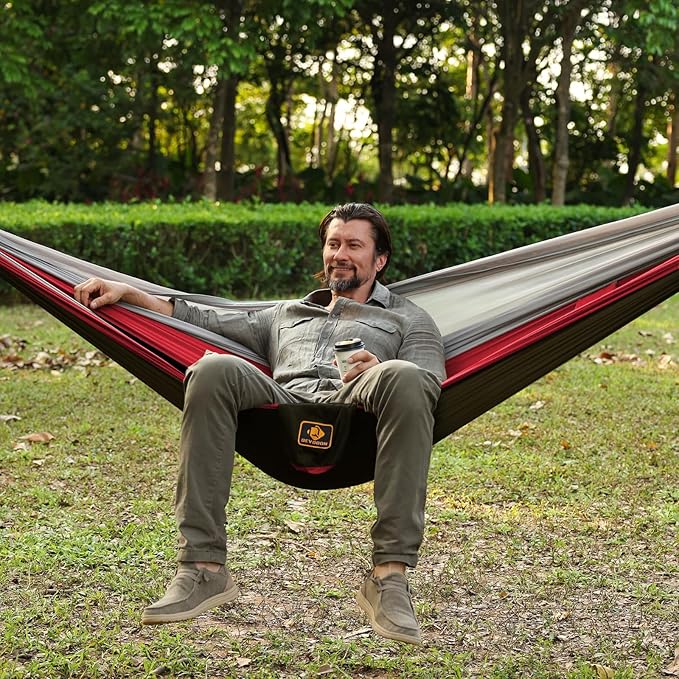 Camping Hammock with Mosquito Net,Lightweight 210T Nylon Hammocks,Portable Hammock with 10ft Tree Straps,Camping Gear Must Haves for Travel Hiking Backpacking Beach Patio-Black&Red