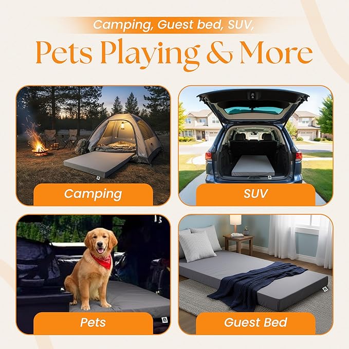 100% Pure Roll Up Memory Foam Camping Mattress with Waterproof Cover & Phone Pocket – Portable 3inch CertiPUR-US Sleeping Pad with Travel Bag for Camping, Car, Tent, SUV, Pets, Guest Bed