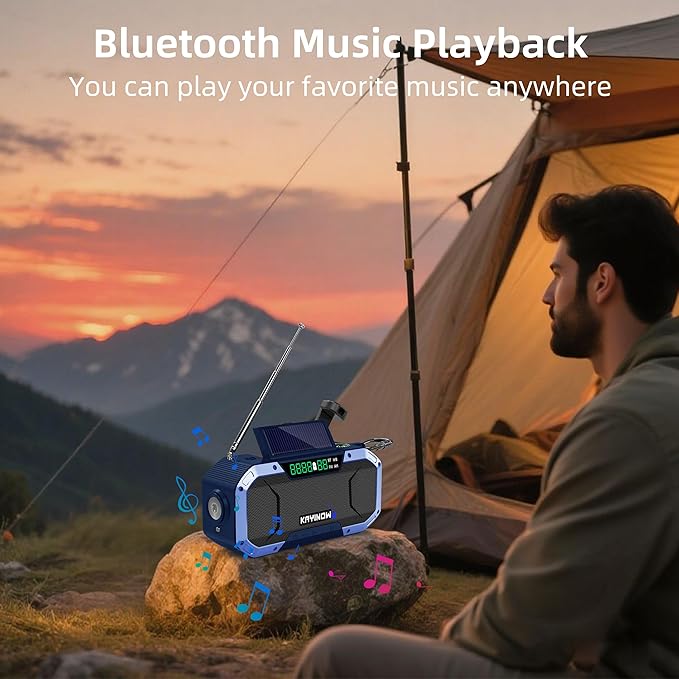 Emergency Weather Radio with Bluetooth,AM/FM/NOAA,Survival Radio Solar Crank,5000mAh Battery Power,IPX5 Waterproof,Portable and Shock-Resistant,Flashlight and SOS for Home Outage Storm Emergencies