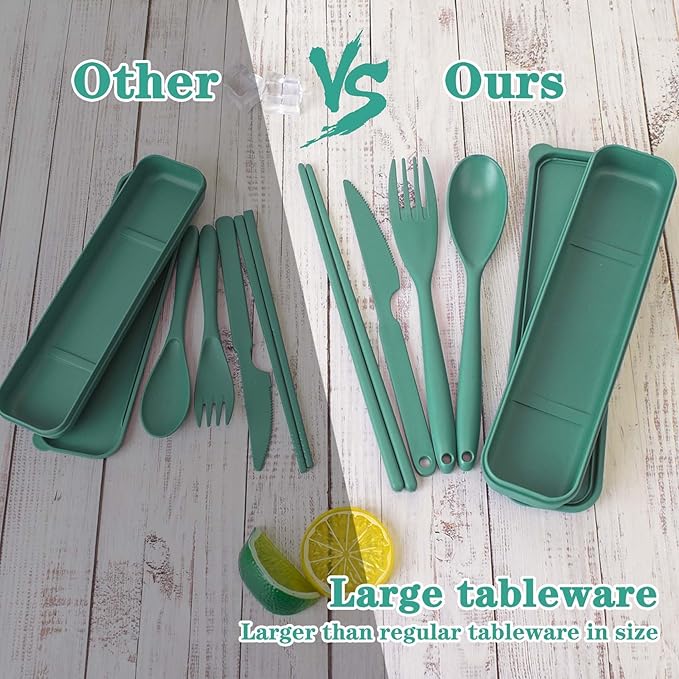 Large Reusable Travel Utensils Set with Case, Plastic Set for Adults Travel Picnic Camping, Portable Flatware Cutlery Set with Chopsticks for Daily Use(Dark Green)