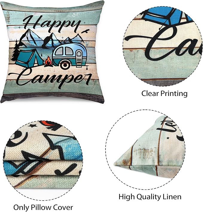 Happy Camper Pillow Covers Set of 2, Vintage Decorative Camping Pillow Cover Camper Decorations for Inside Gifts for Outdoor Travel Pillowcases for RV Couch Living Room (Insert Excluded)