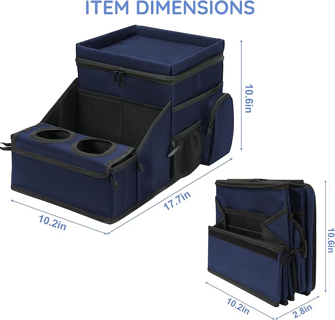 Car Organizer for Front Seat Organizer and Storage, Collapsible Car Caddy, Passenger Seat Organizer with Partitions & Cup Holders, Car Organization for kids and Adults (Blue)