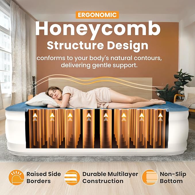 Dr. air Full Air Mattress with Built-in Pump, 18" Raised Blow Up Mattress, 600 lbs Max Honeycomb Air Bed, 48Hr Leak-Proof Test, 3min Inflatable Mattress for Home, Guests, Camping, Colchones inflables