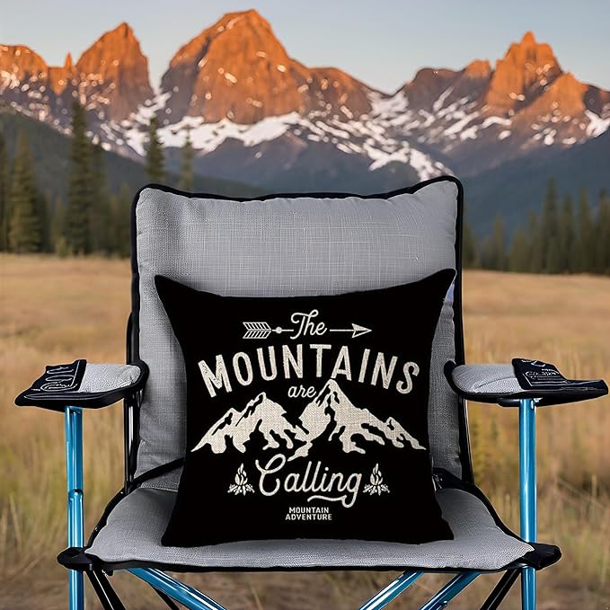 The Mountains are Calling Adventure Arrow Campfire Outdoor Adventure Mountain Forest Trees Throw Pillow Cover Cushion Case Cotton Linen Material Decorative 18X18 inches