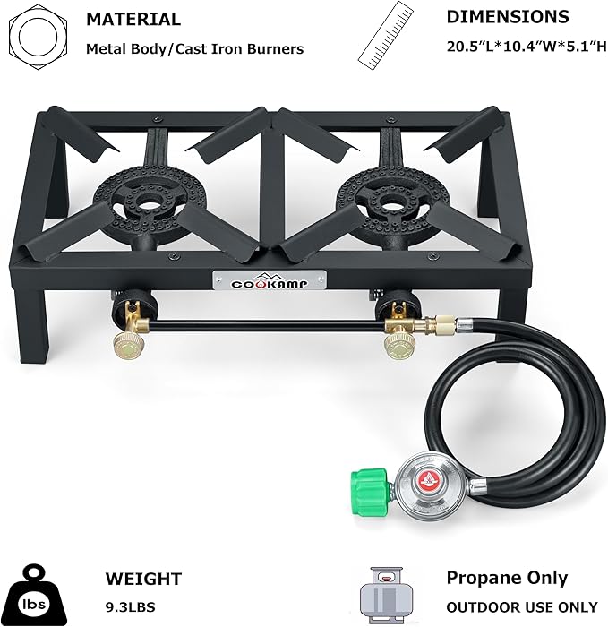 COOKAMP Propane Double Burner Angle Iron Camp Stove with CSA Listed Regulator and 4ft Hose (SA2200)