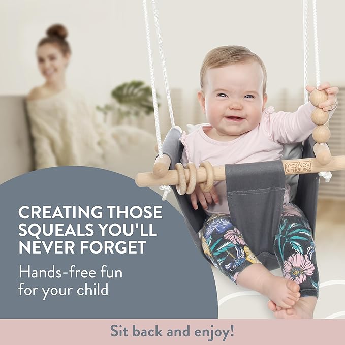 Monkey & Mouse Baby Swing, Pale Green Indoor Outdoor Portable Hanging Chair - Infant & Toddler Kids 6 Months - 4 Years, Cotton Canvas & Beech Wood Frame, Sensory Hammock Boy & Girl Seat w/Wooden Toys