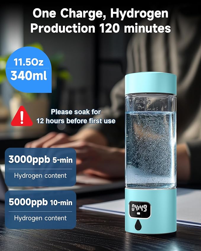 340ml Portable Hydrogen Water Bottle Generator with PEM-SPE Technology, Glass Exterior & Aluminum Shell, Produces 5000 ppb Hydrogen in 10 Minutes, for Home, Gym, Office & Travel