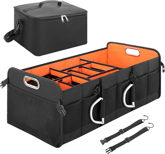 StorageWorks Trunk Organizer for SUV, Multi-Compartment Car Trunk Organizer, Car Organizer and storage with Aluminum Alloy Handle, Large, Black and Orange, 1-Pack