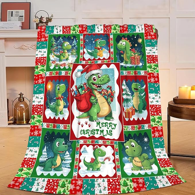 Christmas Dinosaur Blanket Cute Dinosaur Flannel Plush Throw Blanket Cozy Dinosaur Fleece Bedding Stuff Decor Blanket Gifts for Dinosaur Lover Girls Boys Kids Adults Women Bed Travel 60"x80"