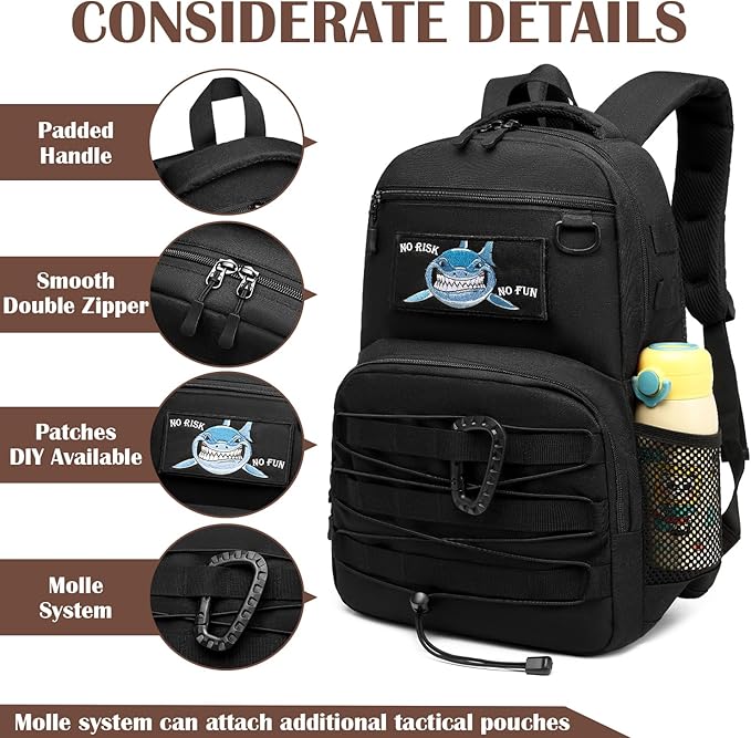 Kids Tactical Backpack Army Molle Bookbag Military Boys Backpack for School, Outdoor, Travel, Camping, Black