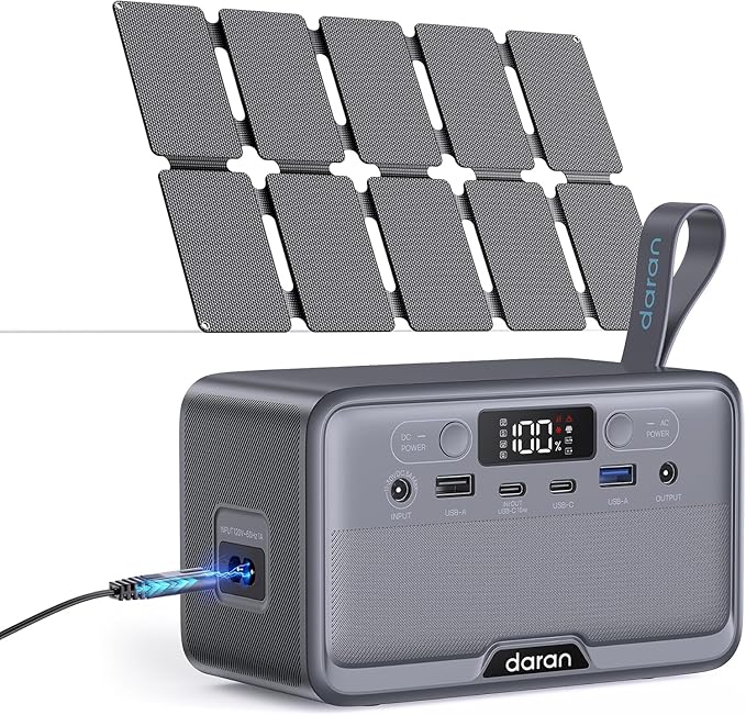 DARAN Portable Power Station 100W with 25W Solar Panel LiFePO4 Battery Power Bank with110V AC Outlets Solar Generator Fast Charging for Hurricane Emergency,Outdoor Use,Off-Grid traveling