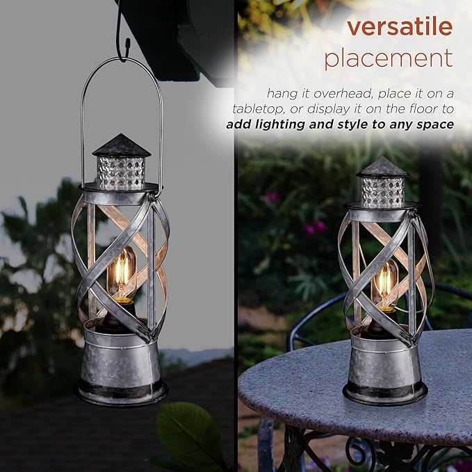 Alpine Corporation 15" H Indoor/Outdoor Vintage Metal Lantern with LED Lights, Silver