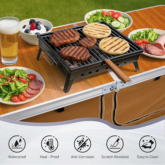 VINGLI 4 Ft Folding Table, Aluminum Camping Table, Picnic Table with Storage, Adjustable Height for Outdoor Beach BBQ Backyards Travel Party (White ＆ Grey)