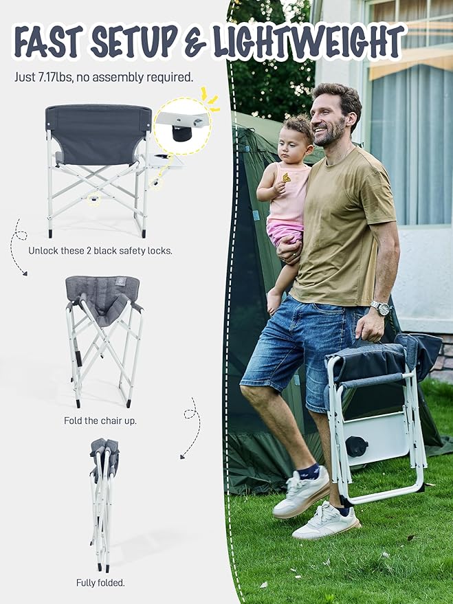 EVER ADVANCED Kids Directors Chair with Side Table, Padded Kids Folding Camping Chair Outdoor with Safety Lock, Lightweight Portable Camp Chairs for Beach, Balcony, Patio, Supports 150lbs, Grey