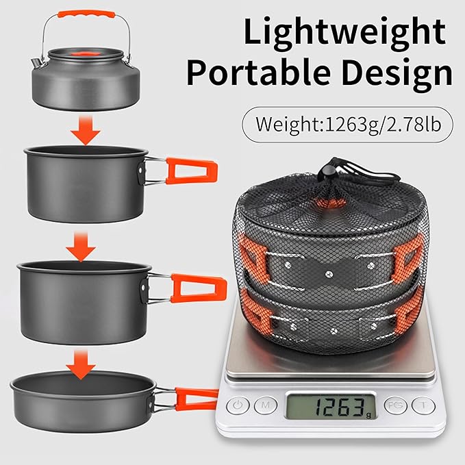 Collapsible Camping Cookware Set, Portable 4-in-1 Outdoor Camping pots and Pans Set with Nonstick Frypan, Pot, Kettle & Carry Bag, Hard-Anodized Aluminum for Camping, Hiking (2-6 Person)