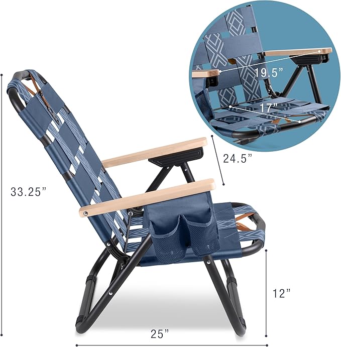 CleverMade Kove Twilight Blue Beach Camping Chair, Hands Free Carrying Strap + Real Wood Handles & 2 Cup Holders, Foldable Reclining Low Profile Collapsible Lawn Chair, Holds 300 lbs