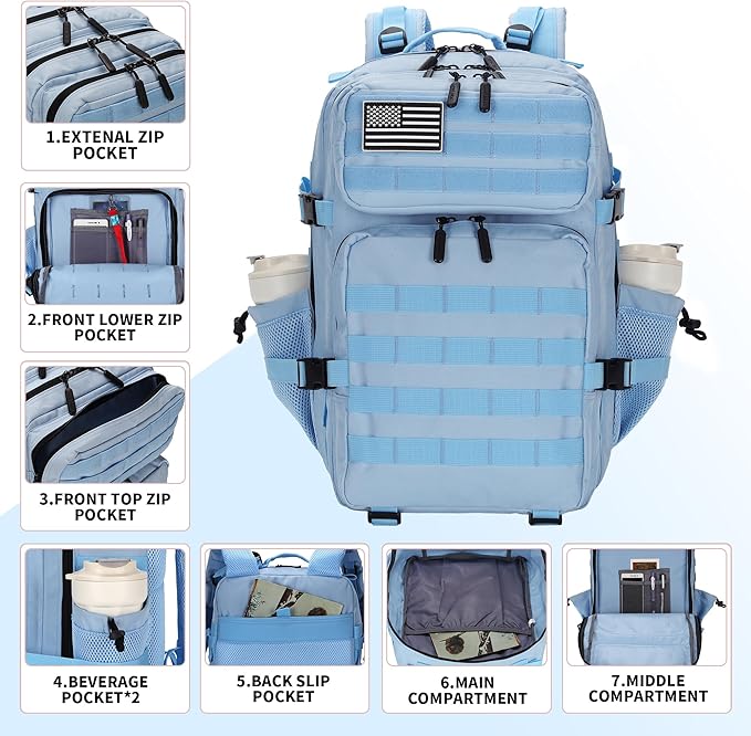 Lovelinks21 45L Tactical Assault Backpack 3 day assault pack with Molle Waterproof backpack Rucksack for Tactical Backpacks (Light blue)