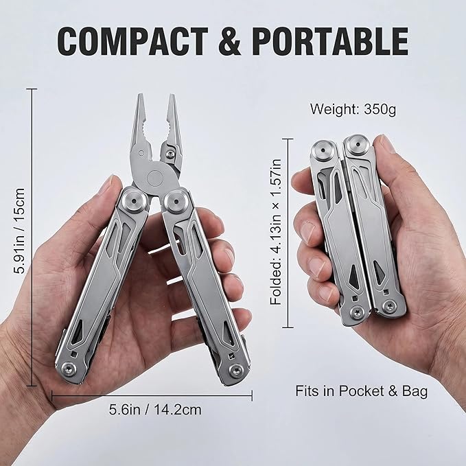 Multitool, 28-in-1 Stainless Steel Multi-Tool with Pocket Knife, Self-locking Pliers, Bottle Opener Professional Multi Tool for Outdoor, Survival, Camping, Hiking, Hunting - Silver
