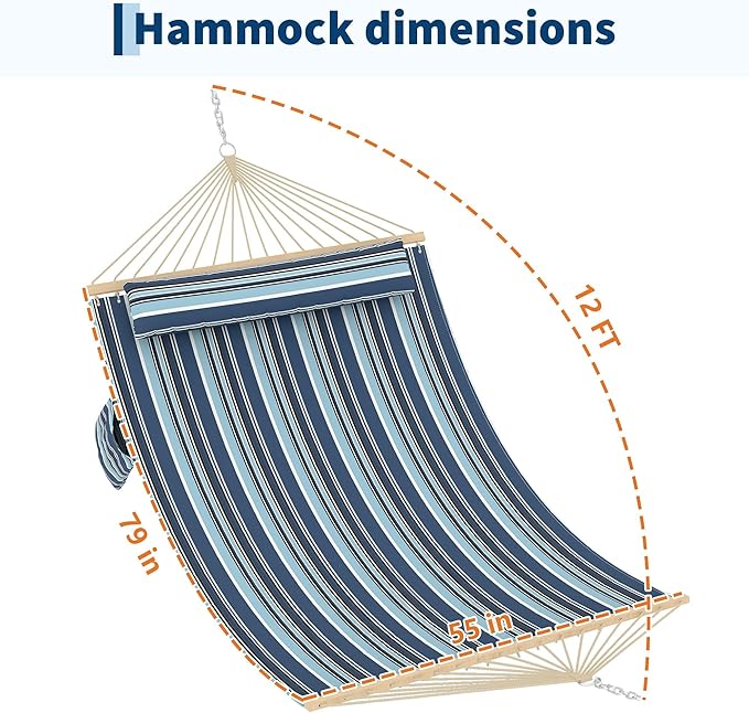 Hammocks 12 FT Double Quilted Fabric Hammock with Spreader Bar and Detachable Pillow, 2 Person Hammock for Outdoor Patio Backyard Poolside, 450lbs Weight Capacity