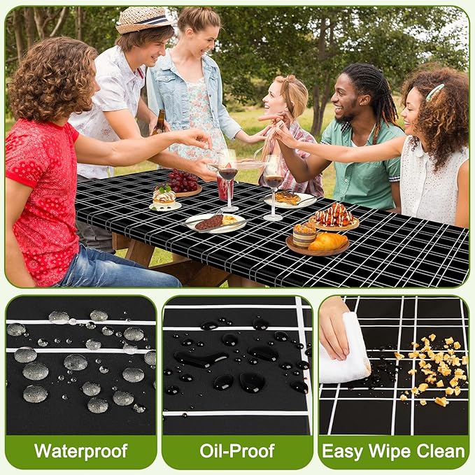 Picnic Table Cover with Bench Covers Portable Table Cloth Built-in Storage Pocket Fitted Tablecloth with Elastic Edges Waterproof Camping Essentials for Indoor Outdoor Rv,96in,Black