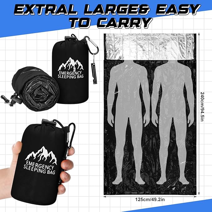 Oudain 2 Pcs XL Emergency Sleeping Bag 94.5" x 49.2" Waterproof Survival Sleeping Bag with Whistle Carabiner Portable Thermal Bivy Sack Emergency Blankets for Camping Hiking Outdoor