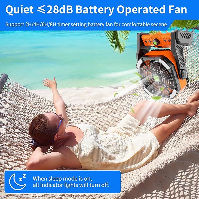 Camping Fan with LED Lantern, Portable Battery Powered Fan Rechargeable for Outdoor Camping Fans, 270°Head Rotation, Quiet USB Table Fan Battery Operated for Tent Beach Picnic Orange X26
