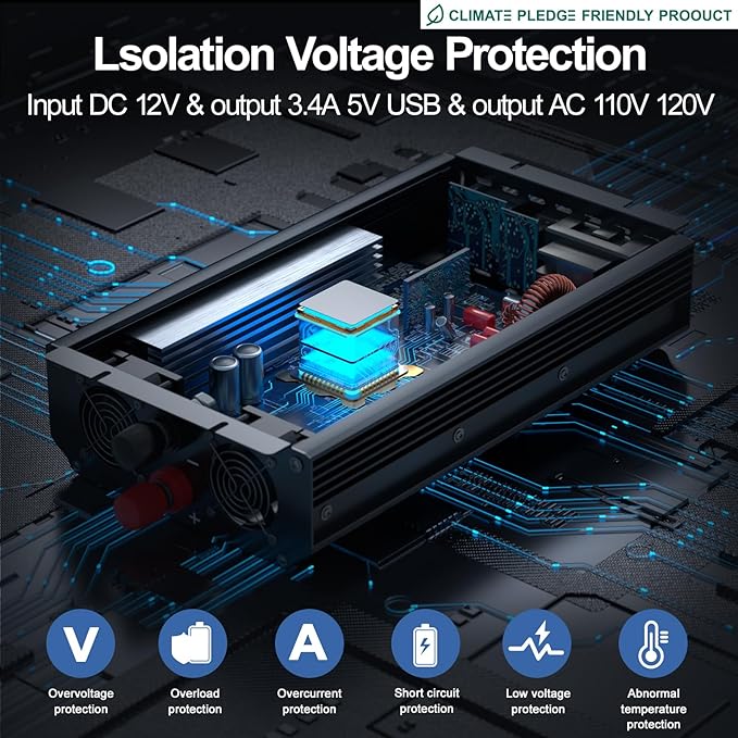 3000W Power Inverter 12V DC to 110V/120V AC Converter, 6000W Peak, LCD Display & Remote Control, Dual AC Outlets & USB Port for RV Truck Solar System, Emergency Backup, Outdoor Camping