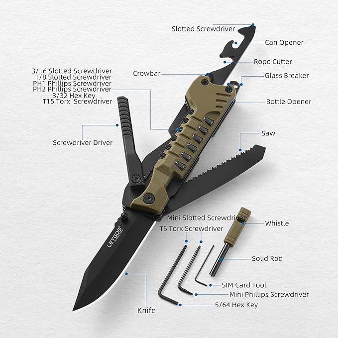 Multi Pocket Knife, 22 in 1,Survival Gear EDC Tools with Nylon Sheath, Emergency, Camping, Hiking, Hunting, Gift for Men Women (Desert Gray)