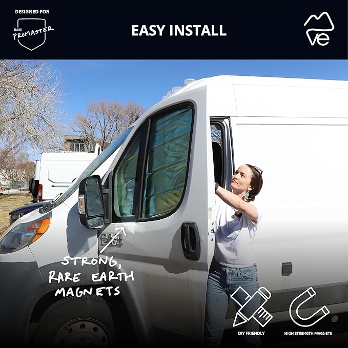 VanEssential Insulated Reflective Blackout Front Door Window Covers Designed for RAM Promaster Van Years 2014 to Current Model (Pair) - Black Reflective