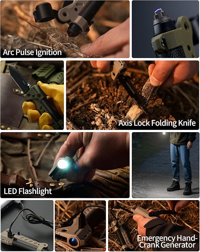 VIPERADE VAK6 Survival Multitool with Folding Knife, LED Flashlight, Pulse Ignition and Hand Crank Generator, Camping Multitool Knife Rechargeable Flashlight with Belt Sheath