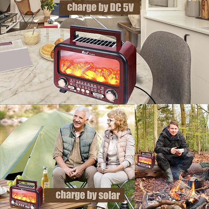 Retro Portable Radio AM FM SW Shortwave Radio with Bluetooth Speaker,Flame Atmosphere Lamp Battery Operated,SUB Charging, TF Card (Maroon)