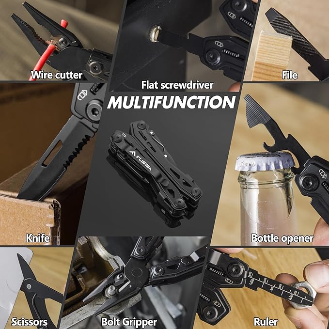FLISSA 16-in-1 Stainless Steel Multi Tool, Gifts for Men, EDC Multitool with Pocket Knife, Pliers, Belt Clip and Oxford Sheath, Self-locking Utility Multi-Tool for Camping Survival Outdoor