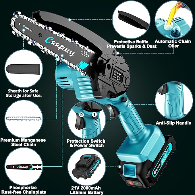 CEEPUY Mini Chainsaw Cordless,6 Inch Portable Electric Chain Saw, Automatic Oiler, Battery Powered Small Handheld Saw, Security Lock Trees Branches Trimming,Wood Cutting, 2 Batteries 2 Chains 2026