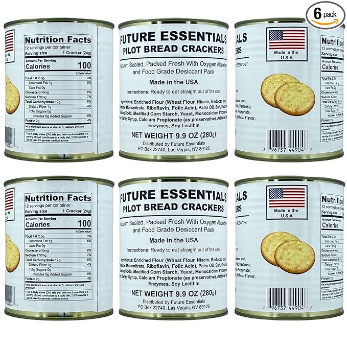 Future Essentials Pilot Bread Survival Crackers – Emergency Food Supply – 30-Year Shelf Life – Ready to Eat Hardtack Biscuits – #2.5 Can, Made in USA, 12 Crackers per Can, Pack of 6