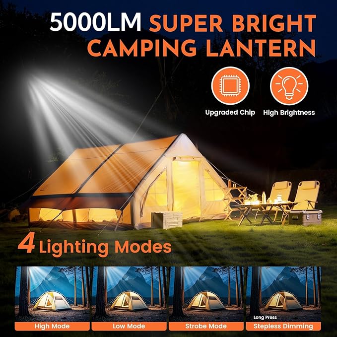12000mAh Camping Lights 2Pack, 42W Tent Light Rechargeable, Flashlight Portable, LED Camping Lantern, Canopy Lights Outdoor, Lanterns for Power Outages, Waterproof Emergency Gear for Hurricane
