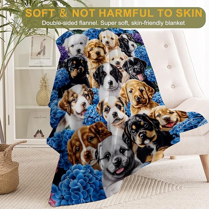 Cute Puppy Fleece Blanket - Lightweight Soft Cozy Gifts Throw for Dog Lovers,Women,Adult,Blue and Purple Flower Pet Blankets,Home Room Modern Artistic Decor 60x80in