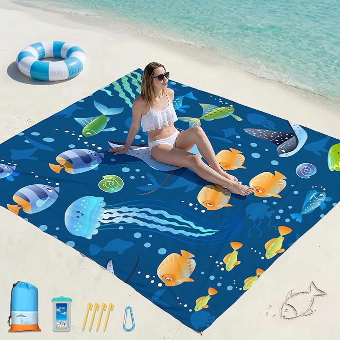 Famstar Beach Blanket Oversized Extra Large 78" X 81",Waterproof Sandproof Beach Blanket 1-7 Adults Lightweight Durable for Travel Camping Hiking Picnic