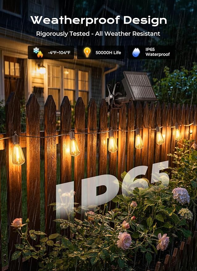 Brightown 58FT Solar String Lights Outdoor Waterproof with Remote, 25+1 LED Shatterproof Bulbs, Dimmable & Timable, 3 Light Modes - Commercial Grade Patio Lights for Garden Backyard Party Decor