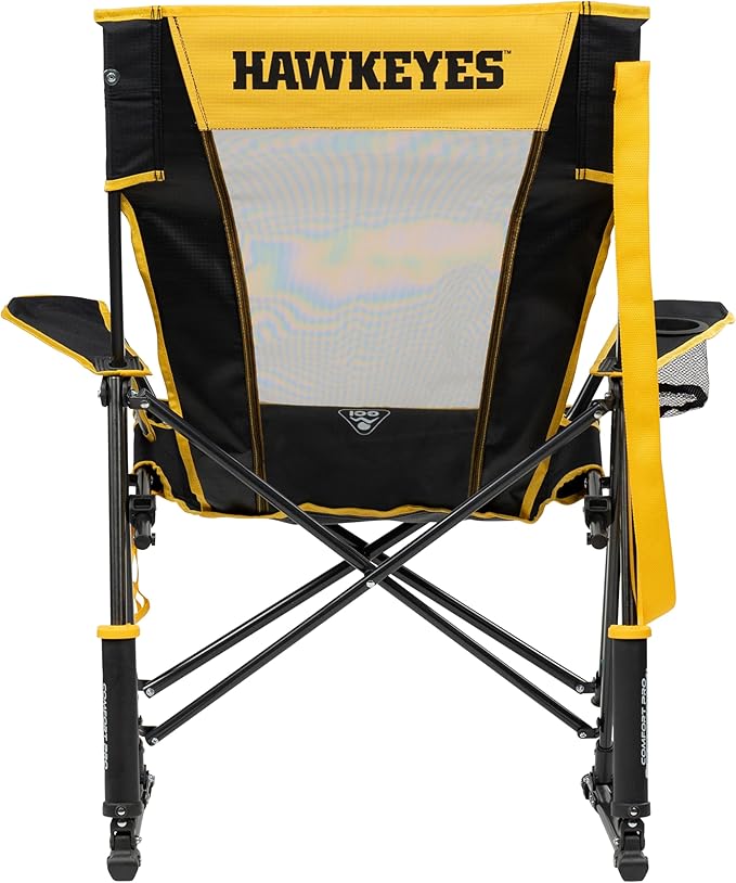 GCI Outdoor Comfort Pro Rocker Camping Chair | Portable Folding Rocking Chair with Durable Armrests & Drink Holder | Official Collegiate Licensed Sideline Sports Chair | Iowa Hawkeyes