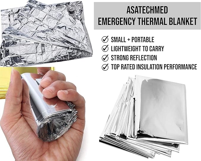 ASA TECHMED Emergency Mylar Thermal Blankets Bulk, Space Blanket Survival kit Camping Blanket, First Aid Kit for Outdoors, Survival, Hiking, Natural Disasters, First Aid, Marathons. 15 Pcs