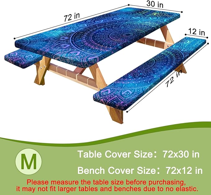 Picnic Table Cover with Bench Covers Portable Table Cloth Built-in Storage Pocket Fitted Tablecloth with Elastic Edges Waterproof Camping Essentials for Indoor Outdoor Rv,72in,Blue Purple