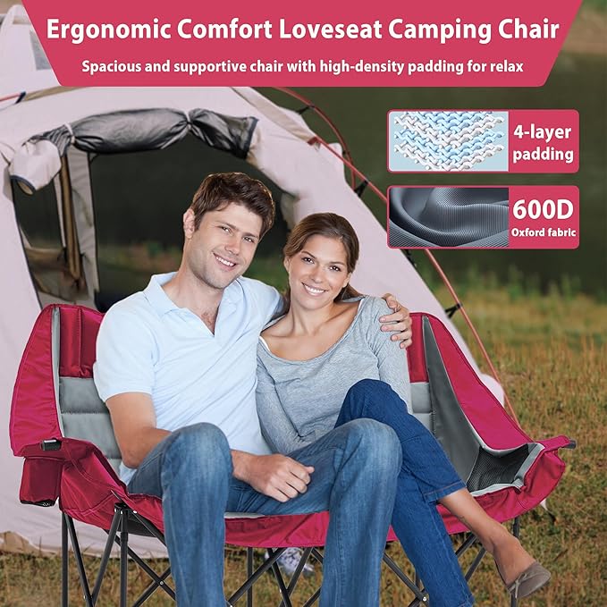 Youtanic Oversized Double Camping Chair, Folding Loveseat Camping Couch with Pocket, Cup Holder and Carry Bag, Heavy Duty Portable Camping Chairs for Adults, Fishing, Sports, Trip, up to 660lbs, Red