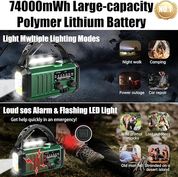 QAUYYW Hand Crank Emergency Radio,74000mWhSolar Powered Hand Crank Portable NOAA AM FM Weather Radio with 3Mode Flashlight and Reading Light,Cell Phone Charger,Home and Emergency Distress Signall