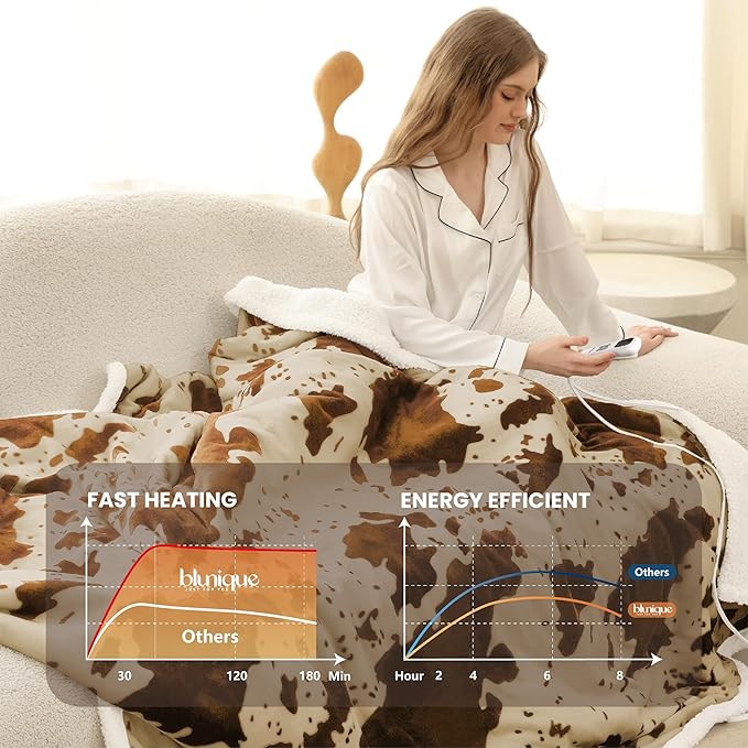 Heated Blanket Full Blanket - Fast Heating Electric Blanket, Soft Flannel Heated Full with 4 Time Settings,10 Heating Settings, Warm Gifts for Women & Mom&Grandma(72"x84"Cow Print Apricot)