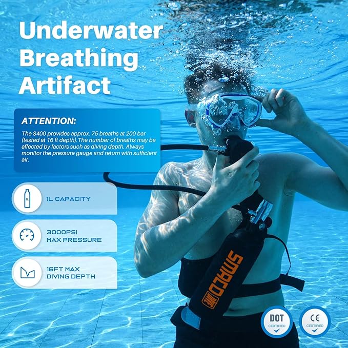 SMACO Mini Scuba Tank 1L Small Diving Tank for Underwater Breathing Portable Lung Air Tank Diving Oxygen Cylinder Kit for Emergency Rescue Boat Cleaning Backup Air Source Pony Bottle S400