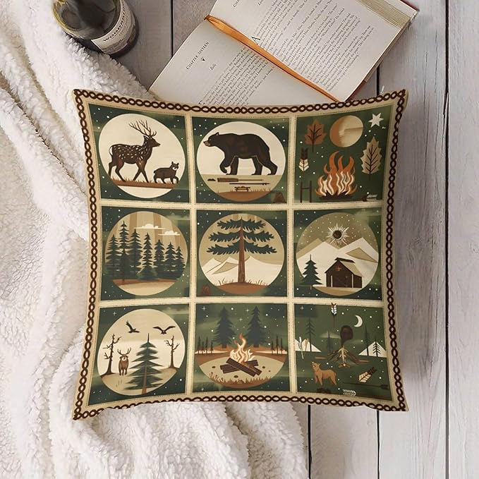ITFRO Set of 2 Birthday Gift Wildlife Bear Deer Forest Bonfire Pine Tree Short Plush Both Sides Square Retro Checkered Throw Pillow Cover Cushion Case Farmhouse Sofa Decor 18x18 Inches (Checkered)