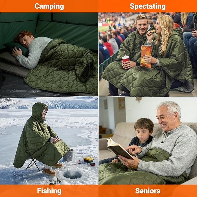 FUNANASUN Hooded Camping Blanket Poncho, Stadium Woobie Blanket, Machine Washable/650FP Insulation, Ultralight & Packable, Fit Most Adult Sizes, Can Be Used as Shawl/Wearable Sleeping Bag/Cloak